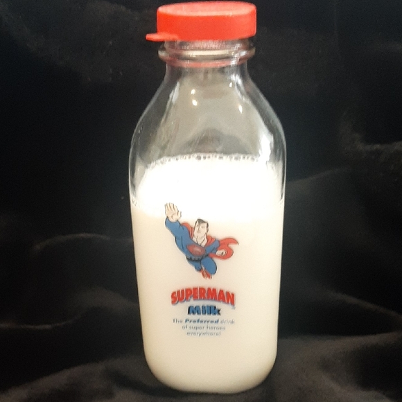 Kent Dairies TM&C 1998 DC COMICS Other - Superman🦸‍♂️VINTAGE 1998 Milk Glass Bottle "PREFERRED DRINK of SUPER HEROS"